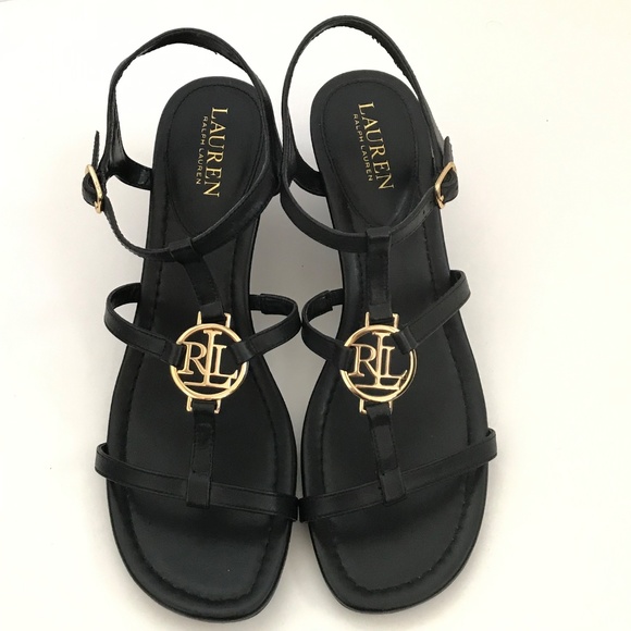 LAUREN RALPH LAUREN Elina Leather Heeled Wedge Sandals Black Women’s Size 9.5 - Picture 3 of 16